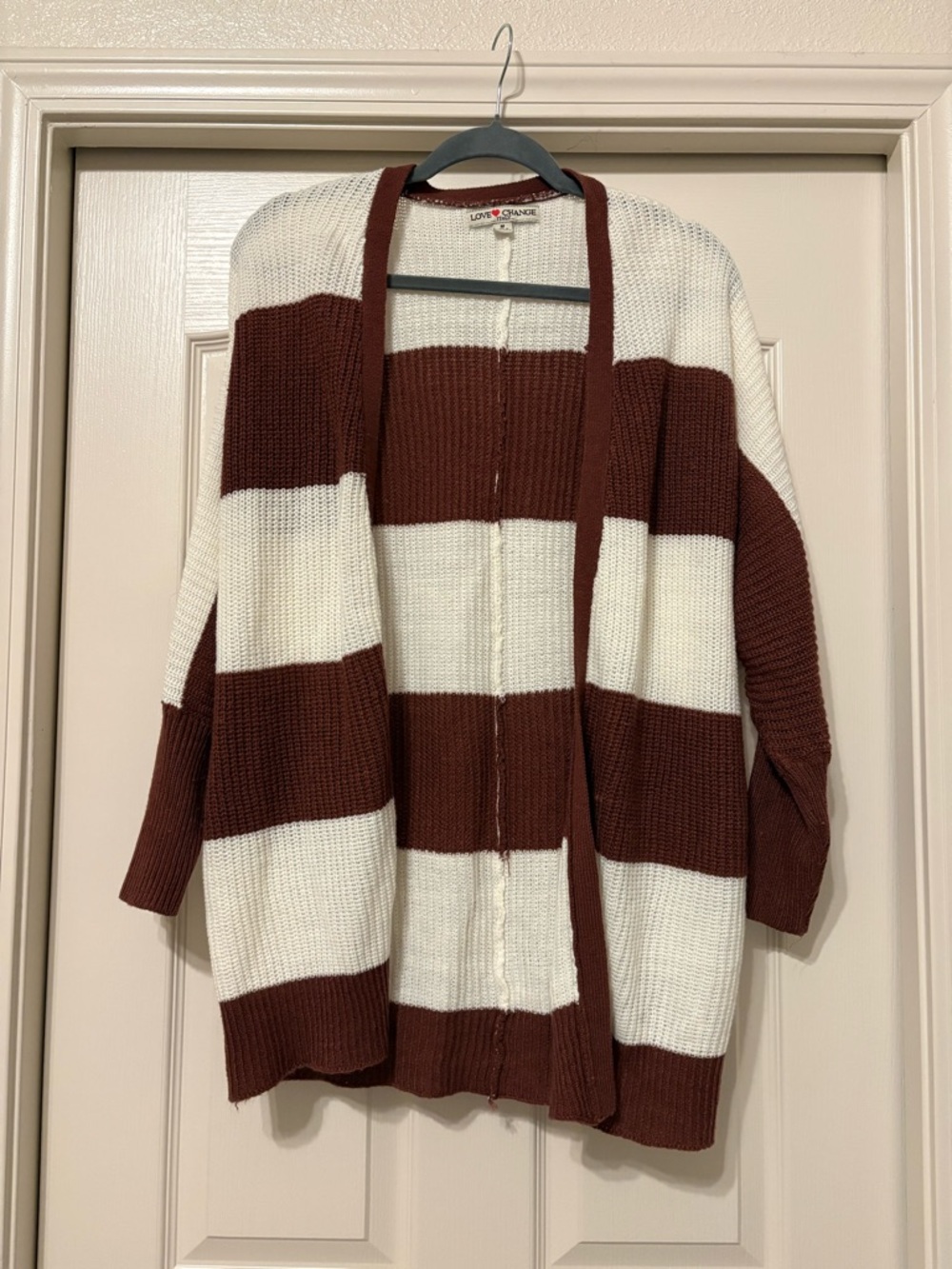 Love Change Cream and Burgundy Striped Open-Front Cardigan Sweater